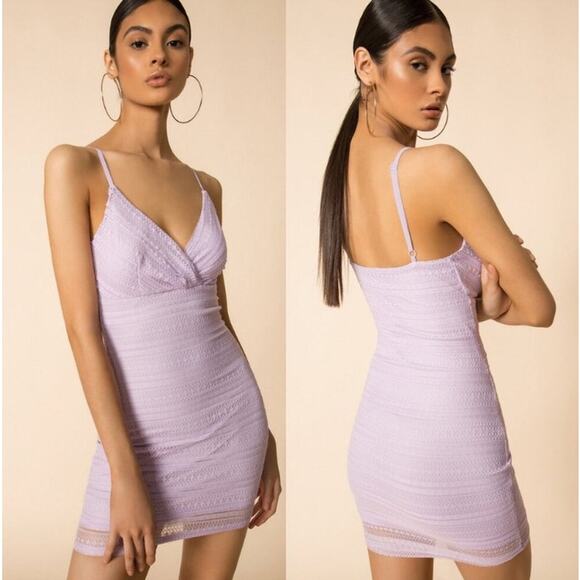 Superdown Carissa Mini Dress Bodycon Crochet Lace Surplice V Neck Lavender Small - Picture 2 of 10